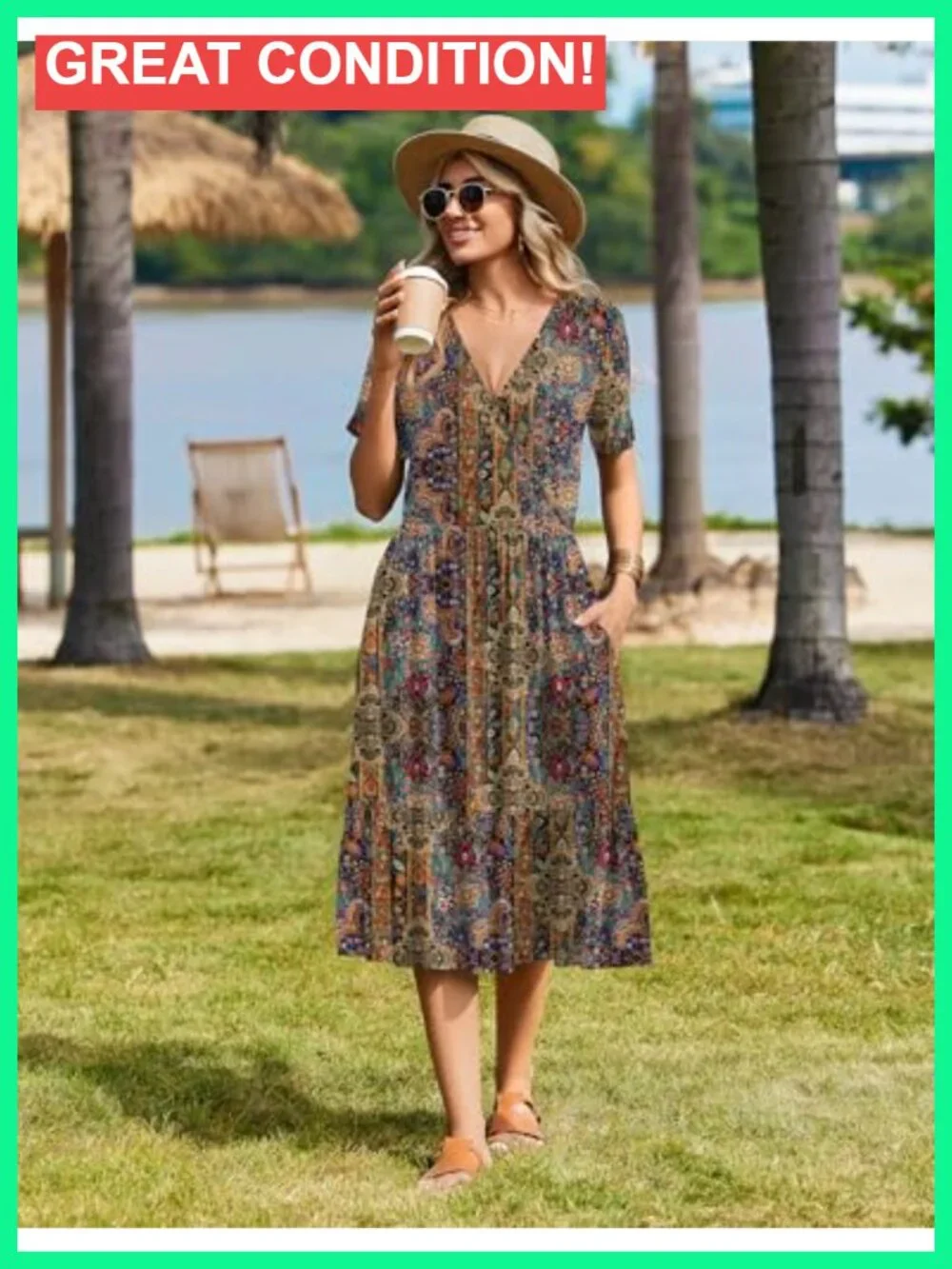 Short Sleeve Midi Wrap V-Neck Floral Tiered A-Line Dress with Pockets - Picture 2 of 6